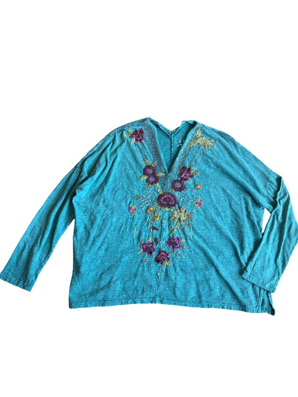 Caite Turquoise Floral Embroidered Tunic Shirt Boho Top Silhouette Large Women's